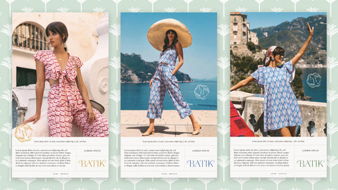 Magazine pages showing women with colorful print clothing in sunny locations near water