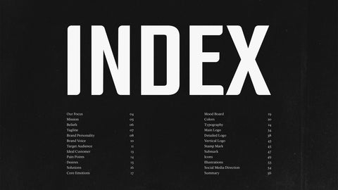 Index of a brand presentation with a black background and white text