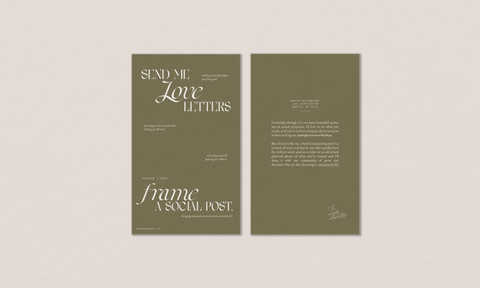 Closeup of the front and back of a packaging insert designed on moody, green background 