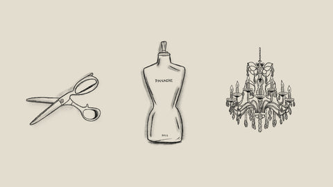 Hand drawn illustrations of scissors, mannequin, and chandelier
