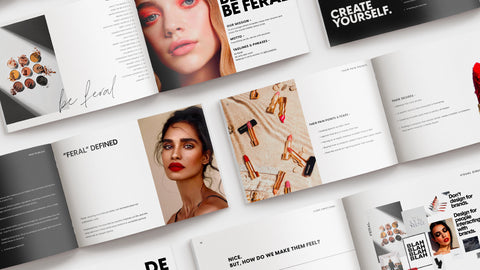 Graphic of various pages from a brand presentation for a beauty company