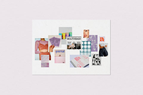 Moodboard collage featuring soft purple and orange colors