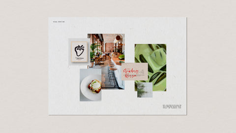 Moodboard for an all-day breakfast restaurant featuring light green and breakfast items